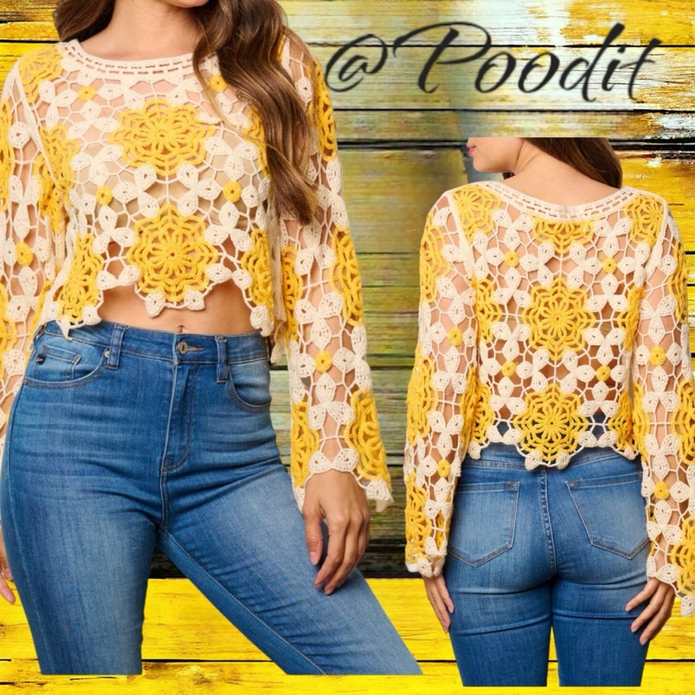 AVAILABLE Cream and yellow crochet top O/S - Picture 3 of 8